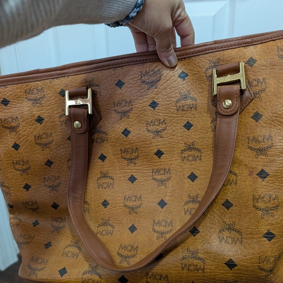 MCM Cognac Logo-Print Limited Ed Tote with Coral Stripe - Picture 8 of 8